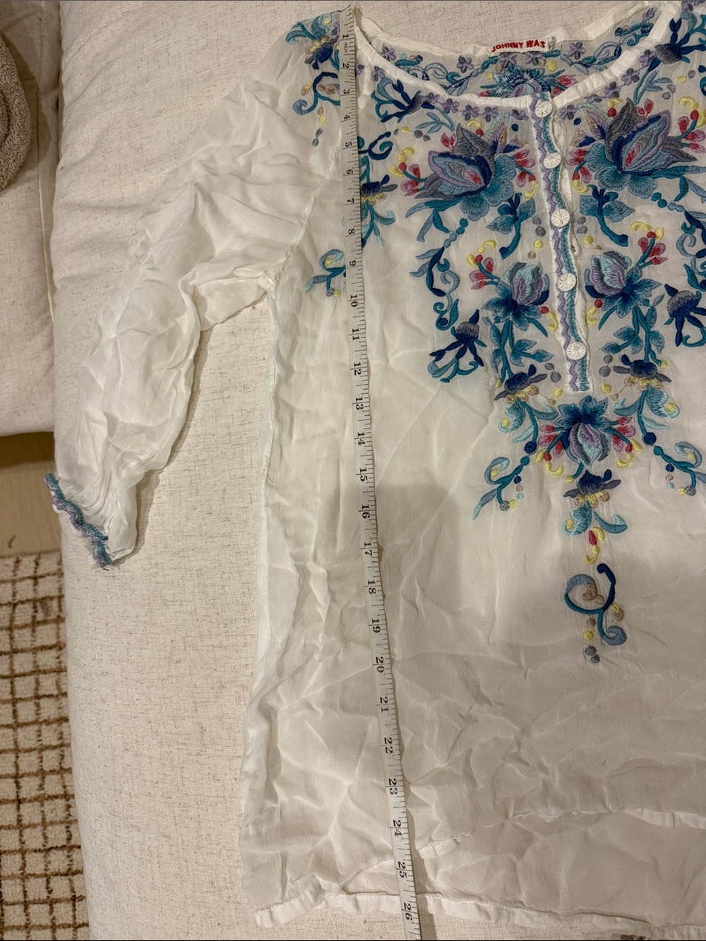 Johnny Was Cream Tunic with Blue and Teal Floral Embroidery - Picture 7 of 10